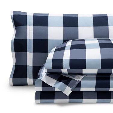 Bare Home Printed Sheet Set - 1800 Ultra-Soft ,King, Gingham Blue