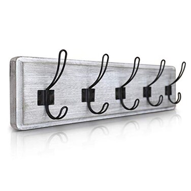 HBCY Creations Rustic Coat Rack - Wall Mounted Whitewash 24" Entryway Coat Hooks - 5 Rustic Hooks, Solid Pine Wood. Perfect Touch for Your Entryway, Kitchen, Bathroom... ,Whitewash