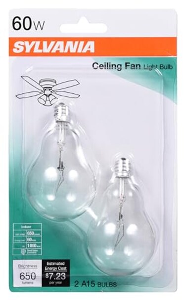 LEDVANCE Sylvania Incandescent A15 E12 Base 60 Watt Ceiling Fan Light Bulbs, 2 Pack