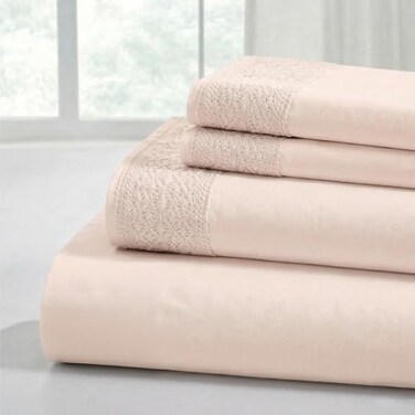 Modern Threads 4 Piece Microfiber Sheet Set“ Soft Cooling Bed Sheets with Crochet Lace“ Deep Pocket, Wrinkle Free, Breathable, Hotel Luxury Bedding, Blush Pink, Queen