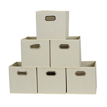 Household Essentials Fabric Storage Bins 6 Piece Set, Strong Poly-Woven Fabric, Sturdy Chipboard Sides, Grommet Front Handle, Stackable and Foldable, Classic Design, Cream