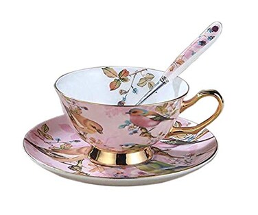 Eplze Bone China CupSaucer Set, 6.8oz- BirdsTrees,Light Pink