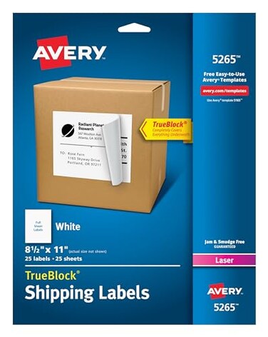 Avery Full-Sheet Printable Shipping Labels, 8.5" x 11" Customizable Stickers, White, 25 Blank Mailing Labels, Great for Mailing, Shipping, Organizing, and More ,5265