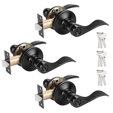 Probrico ,3 Pack Black Entry Knobs with Lock and Key, Keyed Alike Lockset Combo Pack, Indoor and Outdoor Leversets, Reversible for Both Left and Right Open