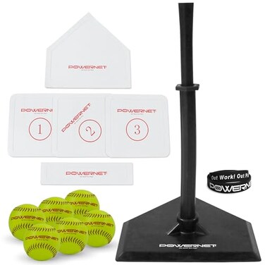 PowerNet Softball T-Ball Coaching Bundle8 Piece Tee-Ball Set Includes Soft Core Softballs, Adjustable Tee, Throw Down Bases to Coach