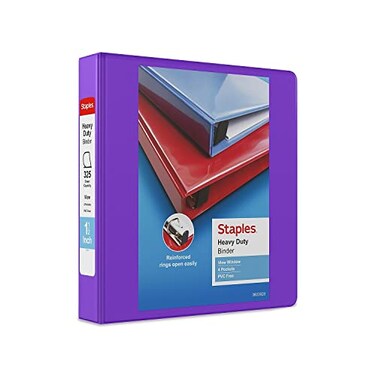 Staples Heavy-Duty 1.5-Inch D-Ring View Binder, Purple, 350 Sheets