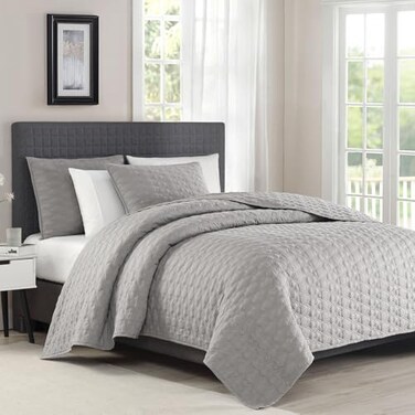 BOURINA Quilt Set Grey King Embroidery 3-Piece Soft Bedding Set Bedspread