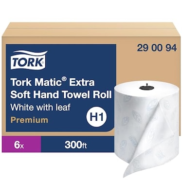 Tork Matic Extra Soft Paper Hand Towel Roll White with Blue Leaf H1, Premium, High Absorbency, 6 Rolls x 300 ft, 290094