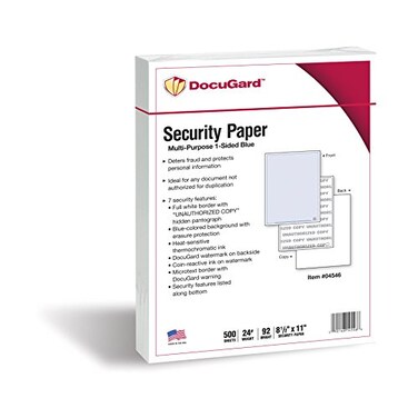DocuGard Advanced Blue Multi-Purpose Security Paper - Fraud Prevention - 7 Security Features - LaserInkjet Printer Compatible - 8.5" x 11- 24 lb - 500 Sheets ,04546