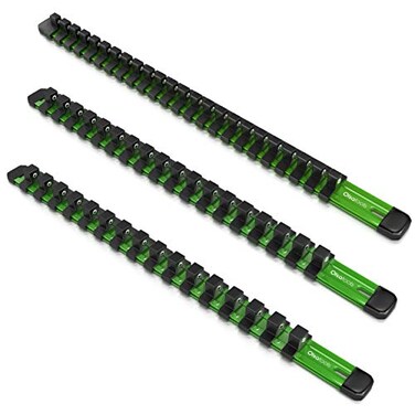 Olsa Tools 3pc Drive Socket Holder Rail, Green Aluminum, 58 Clips