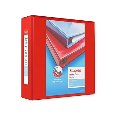 Staples Heavy-Duty 3-Inch D-Ring View Binder, Red, 600 Sheets