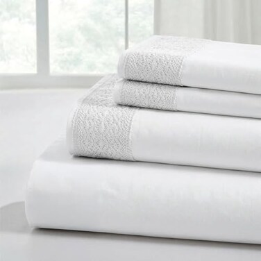 Modern Threads 4 Piece Microfiber Sheet Set“ Soft Cooling Bed Sheets with Crochet Lace“ Deep Pocket, Wrinkle Free, Breathable, Hotel Luxury Bedding, White, Queen
