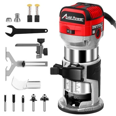 AVID POWER 6.5 Amp 1.25 HP Compact Router Tools for Woodworking, Fixed Base Wood Router with Trim Router Bits, 6 Variable Speeds, Edge Guide, Roller Guide, Dust Hood ,Red, 65mm