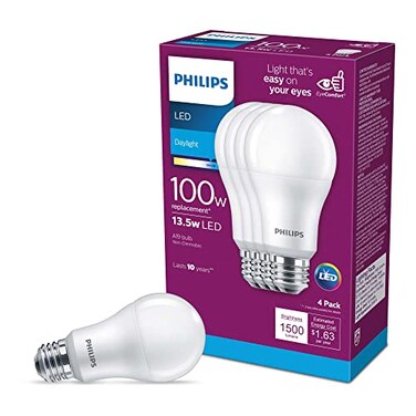 Philips LED Basic Frosted Non-Dimmable A19 Light Bulb - EyeComfort Technology - 1500 Lumen - Daylight ,5000K- 13.5W=100W - E26 Base - Old Version- Indoor - 4-Pack