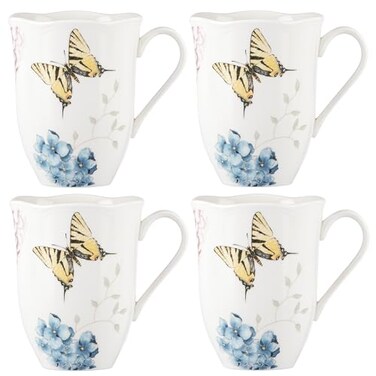 Lenox Butterfly Meadow Hydrangea 4-Piece Porcelain Mug Set, 4 Count ,Pack of 1, Multi