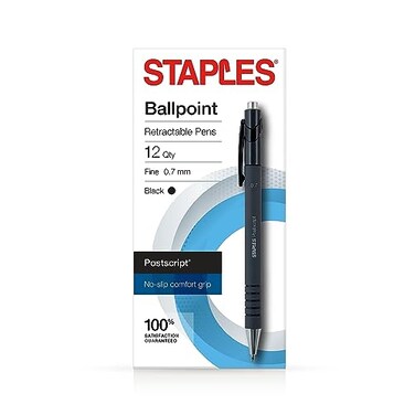 Staples Postscript Retractable Ballpoint Pens, Fine Point, Black, 12-Pk