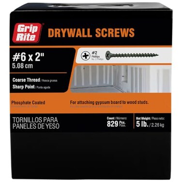 Grip-Rite Coarse Thread Drywall Screws -2 Phillips Bugle Head - Sharp Point - for Attaching Drywall to Wood Studs - Phosphate Coated - 5 Lb Box -6 X 2 Drywall Screws - 2CDWS5