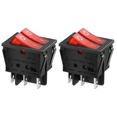 Heschen Double Rocker Switch, DPST ON-Off 6-Pin Power Switch with Red Indicator Light, 16A 250V AC, 29x22mm Panel Cutout, UL VDE Certified ,2 Pack