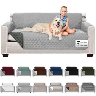 Sofa ShieldCouch Sofa Slip Cover for Dogs with Strap, Light Gray Charcoal