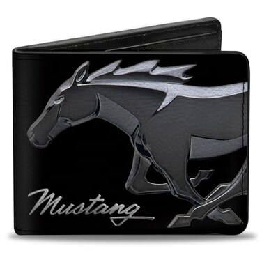 Buckle-Down Ford Wallet, Bifold, Mustang Chrome Pony Mustang Script Black Silver, Vegan Leather