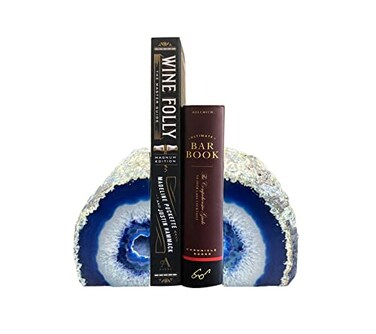 AMOYSTONE Blue Agate Bookends Small Stone Book Ends for Desk Decor