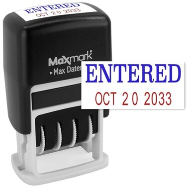 MaxMark Self-Inking Rubber Date Office Stamp with Entered Phrase Blue InkDate RED Ink ,Max Dater II, 12-Year Band