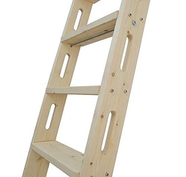 DIYHD 87" Knotty Pine Sliding Library Ladder with Oval Cut-Out Grip