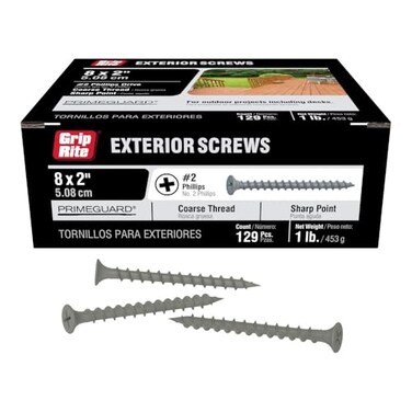 Grip-Rite Exterior Screws - Safe for Use in Treated Lumber -2 Phillips Bugle Head - Coarse Thread Deck Screws - PrimeGuard Coating - 1lb Box -9 x 2 - Gray - PTN2S1