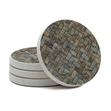 Thirstystone Herringbone 4" Round Natural Sandstone Coasters 4 Pack