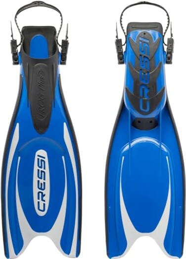 Cressi Frog Plus Adjustable Open Heel Fins, Blue/Silver, M/L