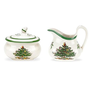 Spode Christmas Tree SugarCreamer Set - 16oz Sugar Bowl with Lid8oz Creamer - Fine Earthenware Holiday TeaCoffee Serving Set - Dishwasher Safe Festive Tableware