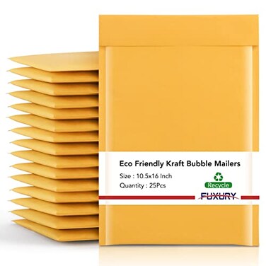 Fuxury Kraft Bubble Mailer 10.5X16" 25 Pack Padded Envelope Usable 10.5X15