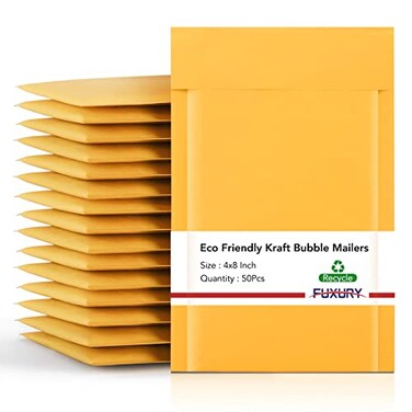 Fuxury Kraft Bubble Mailers 4x8" 50 Pack Padded Envelopes Usable Size 4x7