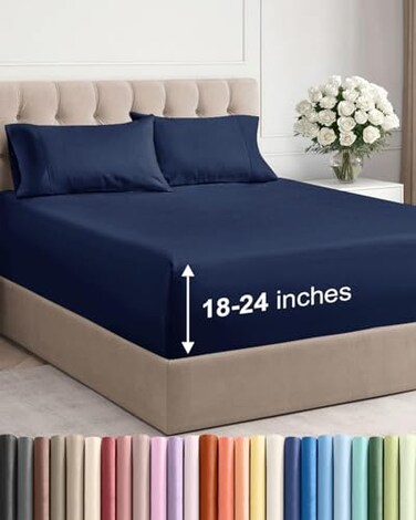 CGK Unlimited Extra Deep Queen Sheet Set - 4 Piece Breathable Cooling Sheets - Navy Blue