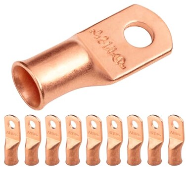 SELTERM 10pcs 2 AWG, 1/4" Stud Heavy Duty Bare Copper Battery Cable Lugs