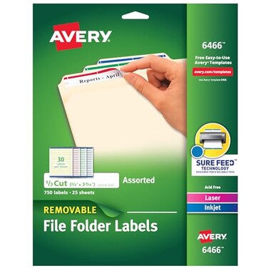 Avery File Folder Labels with Sure Feed, 2/3" x 3-7/16", 750 Printable Labels, Removable, Assorted ,6466