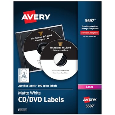 AveryPrintable CD Labels, Matte White, Permanent Adhesive, Laser Printer Compatible, 250 Disc500 Spine Labels, Ideal for DVDs, PC Discs, Media ProjectsMore ,5697