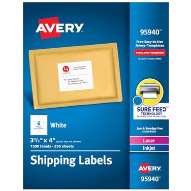 Avery Printable Shipping Labels with Sure Feed, 3-1/3" x 4", White, 1,500 Blank Mailing Labels ,95940