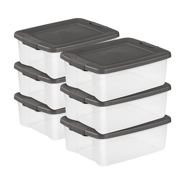 Sterilite 25 Qt ShelfTote, Stackable Storage Bin with Latching Lid, Plastic Container to Organize Closet Shelves, Clear Base and Gray Lid, 6-Pack