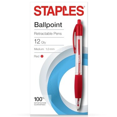 Staples Retractable Ballpoint Pens, Medium 1.0mm, Red Ink, 12-Pack
