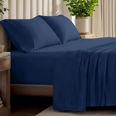 Bare Home 100% Organic Cotton Jersey Sheet Set, Ultra Soft, 100% Cotton - Sheet SetPillowcases - Deep Pocket Bed Sheets ,Split King, Dark Blue