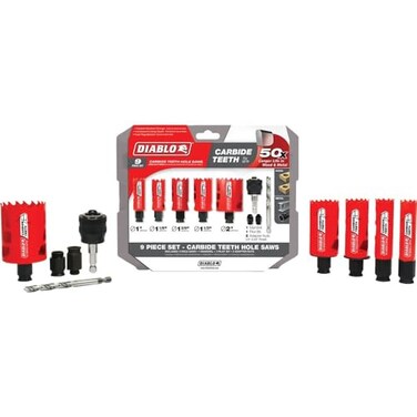 Diablo Hole Saw Set, Cuts Wood, Metal, Plastics - 9 Piece Kit with Carbide Teeth, Snap-Lock Mandrel, Pilot Bit, Adaptor Nuts, Deep 2-3/8" Cutting Depth - DHS09SGPCT
