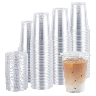 TashiBox 16oz-100 Count Plastic cups with flat lidsDisposable Plastic Ice coffee Cups to goCrystal Clear