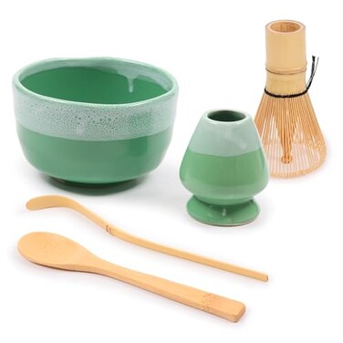 BambooMN Matcha Bowl Set ,Includes Bowl, Rest, Tea Whisk, ChasakuTea Spoon1 Set Mint Green