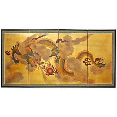 Red Lantern 36" x 72" Dragon in the Sky on Gold Leaf