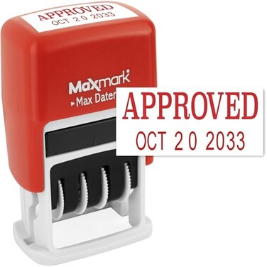 MaxMark Self-Inking Rubber Date Office Stamp with Approved PhraseDate - RED Ink ,Max Dater II, 12-Year Band