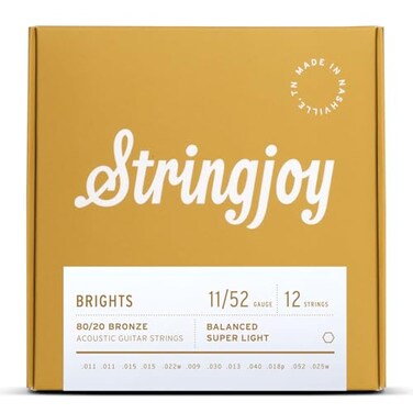 Stringjoy BB1125 12 String Brights 80/20 Bronze Acoustic Guitar Strings, ,12 String Super Light Gauge - 11-52