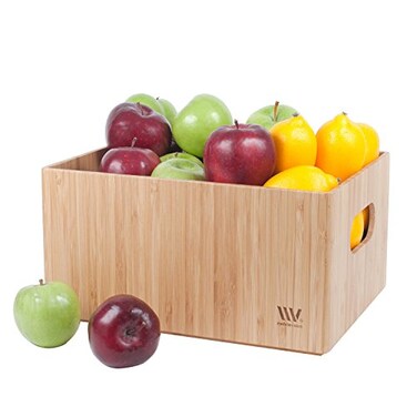 MobileVision Bamboo Storage Box Multi-Purpose Organizer for Kitchen Supplies Holder, Fruit Bin, Cabinets, Pantry with built in handles, stackable, 12 x 9 x 6 With White Clip Included