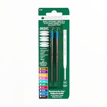 Monteverde Parker Style Ballpoint Refill, Medium, Turquoise, 2 Pack