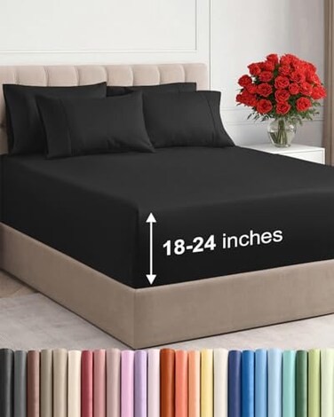 CGK Unlimited Extra Deep Queen Sheet Set - 6 Piece Breathable and Cooling Sheets - Black